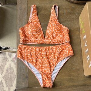 Orange Floral Two-Piece Bikini Set High Waisted